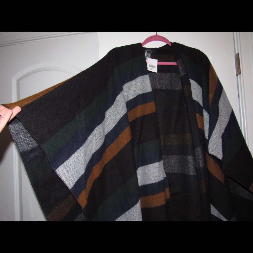 mustard yellow, navy, & gray shawl/poncho
